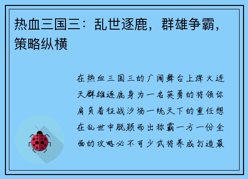 热血三国三：乱世逐鹿，群雄争霸，策略纵横